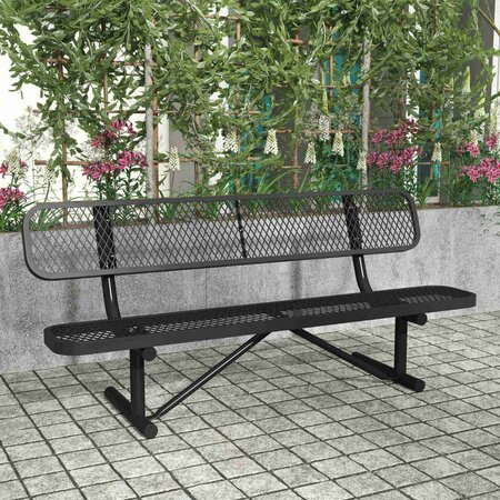 FLASH FURNITURE Sigrid 6' Outdoor Bench w/Backrest, Metal Mesh Seat and Backrest and Steel Frame in Black w/Anchors SLF-AG4HUT2-H48L-BK-GG